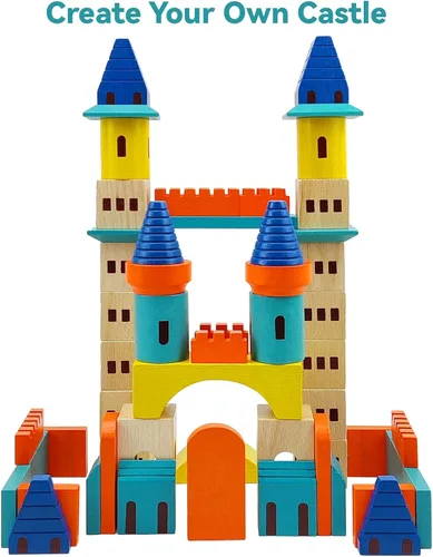 Vista 3 de Xylolin Juego de bloques de construcción de castillo de madera, juguete de bloques apilables de madera de haya maciza grande, juego de construcción