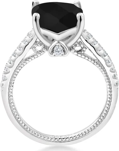 Vista 3 de Gem Stone King Anillo de compromiso de mujer de plata de ley 925 con ónix negro y zafiro blanco