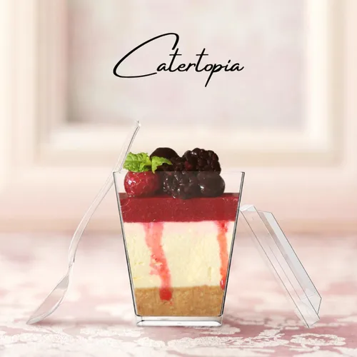 Vista 7 de Mini Copas de Postre con Cucharas (PAQUETE DE 50) (Cucharas Transparentes) (Sin Tapas) – Copas de Plástico de 5 oz para Aperitivos para Parfait