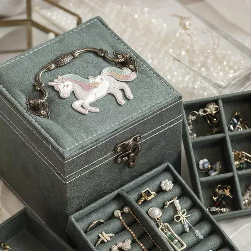 Vista 4 de Lemonadeus Organizador de joyas retro de terciopelo de 3 capas para mujeres y niñas pequeño joyero de viaje portátil aretes collares pulseras