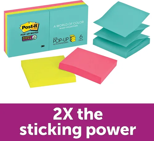 Vista 2 de Post-it Notas emergentes superadhesivas, 3 x 3 pulgadas, 6 blocs, 2 veces el poder de adherencia, neones supernova, colores brillantes, reciclables
