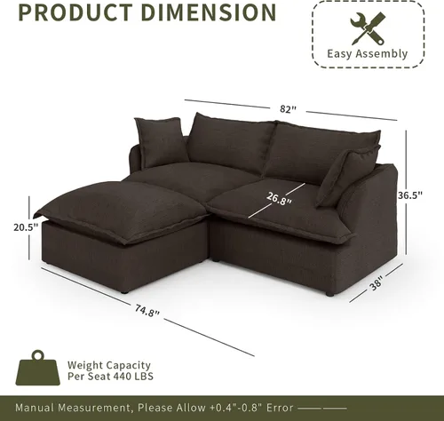 Vista 2 de Sofá modular de mezcla de lino para sala de estar, cómodo sofá modular con relleno de plumón, moderno sofá cama convertible con asiento profundo