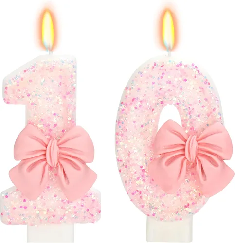 Vista 42 de Vela de cumpleaños para pastel, vela 0 - purpurina rosa con lazo, vela de feliz cumpleaños de 2.76 pulgadas, adorno superior de pastel para fiestas