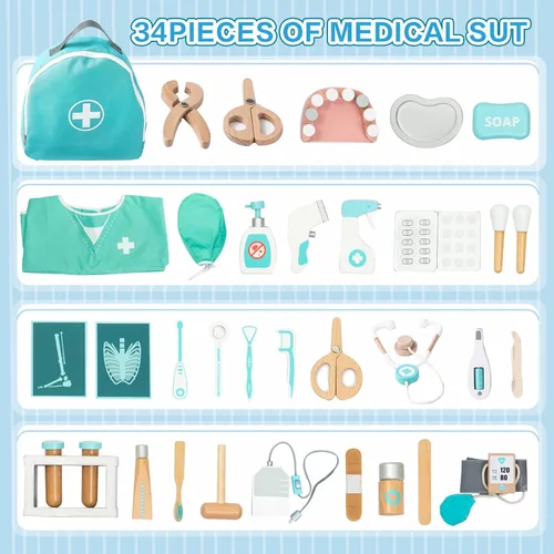 Vista 2 de umu Kit de médico para niños, juguete de simulación de 36 piezas de madera para niños pequeños, kit de dentista Montessori Toys para niños y niñas