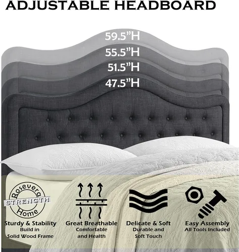 Vista 3 de Rosevera Grayson - Cama de cabecera ajustable con poliéster fino y acolchado de botones para dormitorio, matrimonial, carbono