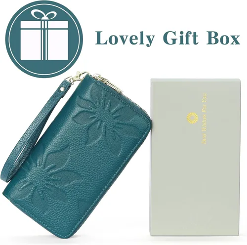 Vista 6 de GOIACII Cartera de mujer de gran capacidad con doble cremallera para mujer, soporte para teléfono con bloqueo RFID, correa de cuero, A02 Verde