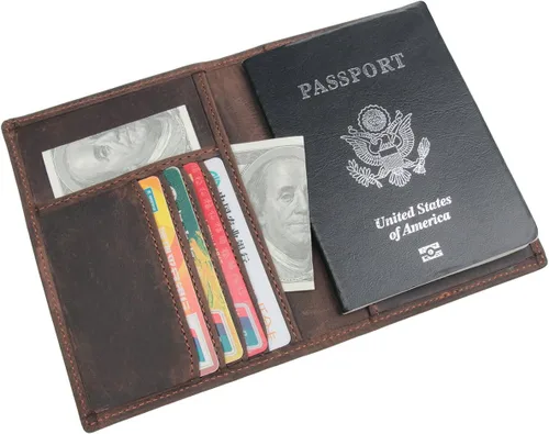 Vista 8 de Cartera plegable de viaje con bloqueo RFID de cuero genuino para pasaporte, Marrón oscuro, Cartera Rfid