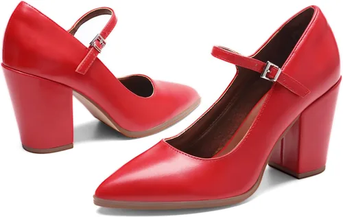 Vista 4 de DREAM PAIRS Zapatos de tacón alto y grueso para mujer, con puntera cerrada, zapatos Mary Jane, puntera puntiaguda, cómodos, zapatos de trabajo