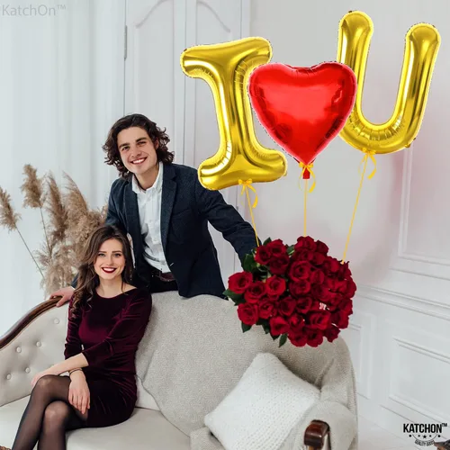 Vista 9 de KatchOn, Globos dorados grandes con texto en inglés "I Love You", paquete de 2005, juego de globos de oso de peluche, decoraciones con texto "I Love