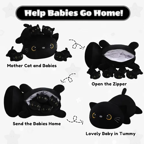 Vista 4 de SQEQE Peluche de gato negro con 4 bebés, gato en la barriga, lindo gato negro de peluche para niños, regalos ideales para Navidad, San Valentín