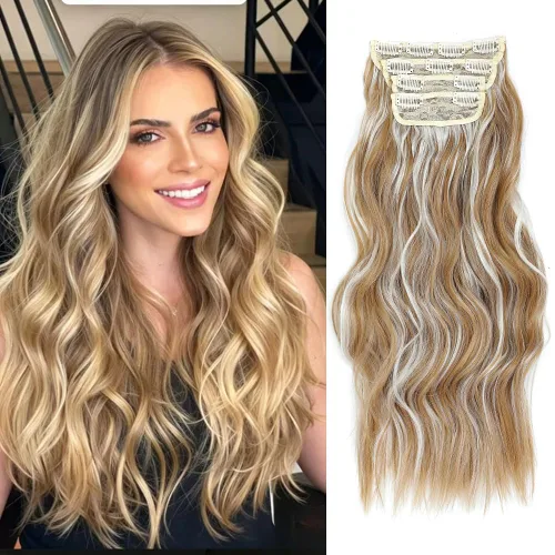 Vista 7 de Extensiones de cabello ondulado largo con clip, 4 piezas de extensiones de cabello sintético grueso con clip, para mujer (#4)