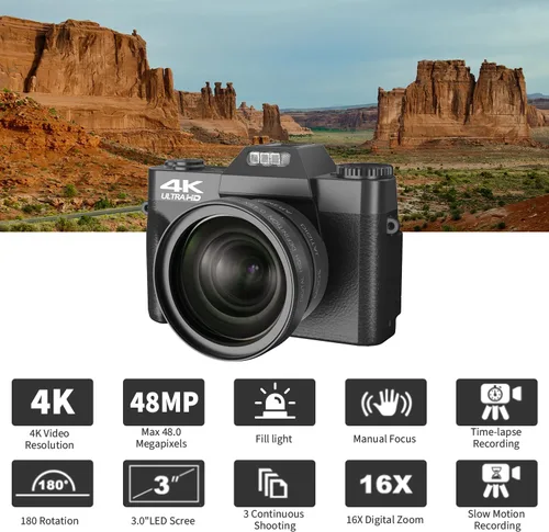 Vista 3 de Cámara digital 4K para vlogging de YouTube, zoom manual de 56 MP 16X, cámara compacta de fotografía con gran angular de 2.047 in y lente macro