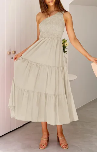 Vista 7 de ZCSIA - Vestido de verano bohemio para mujer, con un hombro descubierto, sin mangas, unicolor, largo debajo de la rodilla y con holanes escalonados