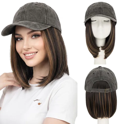Vista 37 de SEGO - Gorra de béisbol con extensiones de cabello para mujer, resistente al calor, sintético, 6 pulgadas, ajustable, corta, recta, peluca