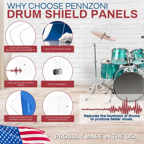 Vista 2 de PENNZONI Drum Shield de 5 pies con bisagras cromadas, viene con 3 paneles de batería y bisagras cromadas, paneles de acrílico transparente de alta