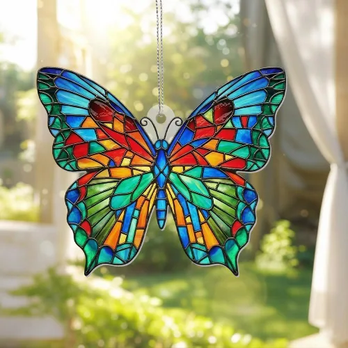 Vista 3 de Adorno de Navidad acrílico de mariposa con efecto vitral, atrapasoles colgante de ventana para familiares y amigos, decoraciones de Navidad, regalo