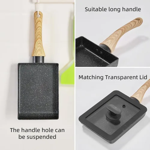Vista 4 de Sartén de tortilla japonesa,Sartén antiadherente para huevos Tamagoyaki,Sartén rectangular pequeña con tapa,Espátula de silicona y cepillo