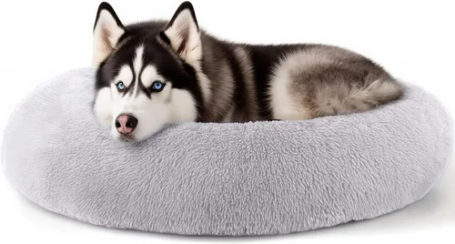 Vista 34 de Hoewina - Cama redonda, calmante, en forma de rosquilla, lavable, esponjosa para interiores, perros y gatos pequeños y medianos, negro, 20 pulgadas