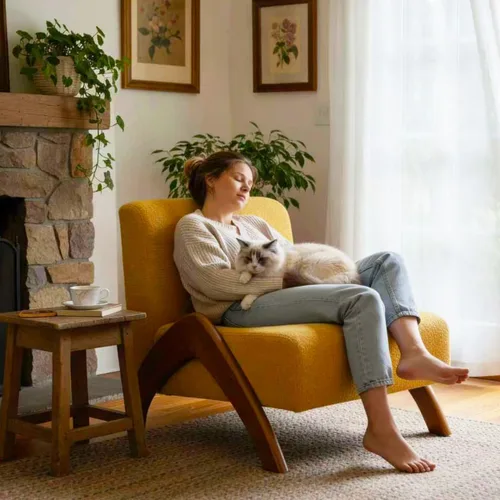 Vista 2 de Silla decorativa de gran tamaño, tapizada sin brazos de mediados de siglo, moderna silla de sala de estar con patas de madera para dormitorio Beige