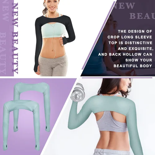 Vista 4 de Janmercy 2 piezas de camiseta corta de manga larga para mujer, recortada, bolero, bolero, bolero, ballet, yoga, deportes, camisetas casuales