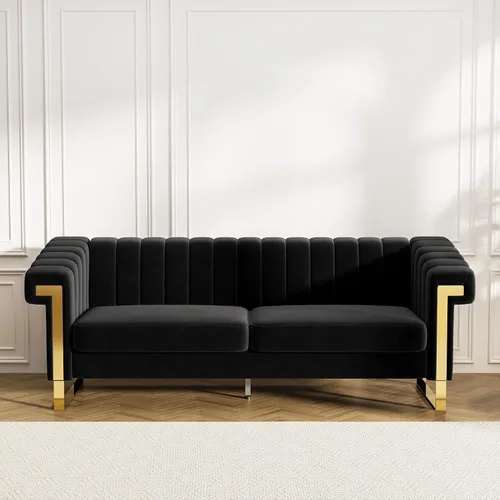 Vista 3 de Sofás de terciopelo de 83 pulgadas para sala de estar, cómodos sofás tapizados de 3 plazas para apartamento moderno para espacios pequeños (negro)