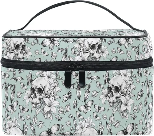 Vista 14 de Bolsa de Maquillaje, Estuche de Maquillaje Organizador de Viaje con Diseño de Calavera y Flores, Estuche de Cosméticos, Bolsas de Aseo para Niñas
