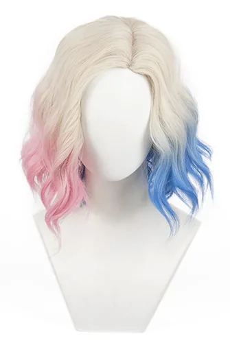 Vista 2 de Peluca rubia de onda corta rizada con cabello azul rosa y azul, peluca moderna de anime para cosplay con raya lateral