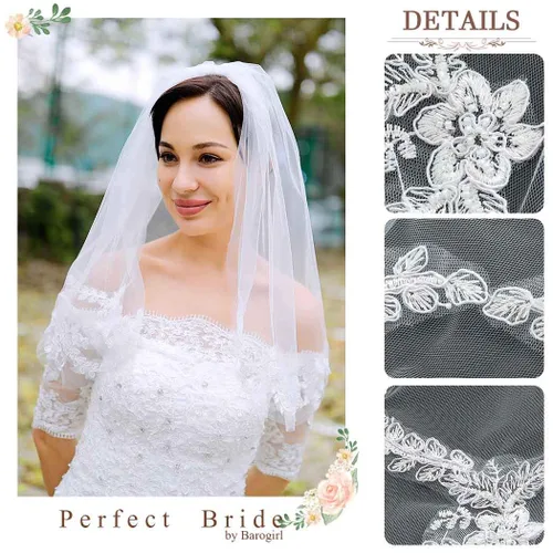 Vista 5 de Unsutuo Velo de boda marfil con apliques de encaje cortos para novia, longitud al hombro, velo de tul nupcial con peine para mujeres y niñas