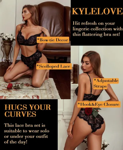 Vista 3 de KYLELOVE Conjunto de lencería para mujer, conjunto de brasier y bragas inalámbricos, trajes de boudoir de encaje