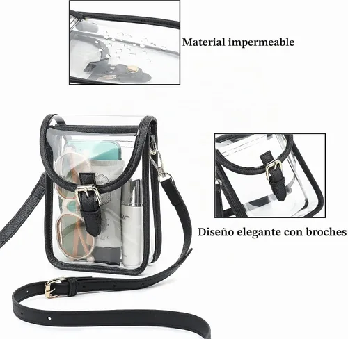 Vista 4 de FAIME Pequeña bolsa transparente aprobada para estadios, bolsa cruzada transparente para teléfono celular con correa ajustable para conciertos Negro