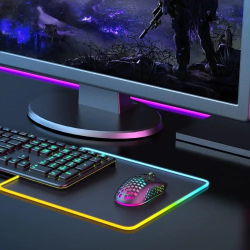 Vista 7 de Mouse inalámbrico ligero para juegos, mouse recargable UHURU WM-08 con carcasa de panal de abeja, 11 modos de luz LED, 4 DPI ajustables, mouse RGB