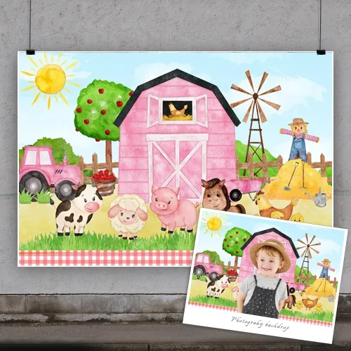 Vista 3 de Fondo de dibujos animados de animales de granja de 5 x 3 pies para fiesta de granero rosa para niñas, baby shower, cumpleaños, fotografía, fondo