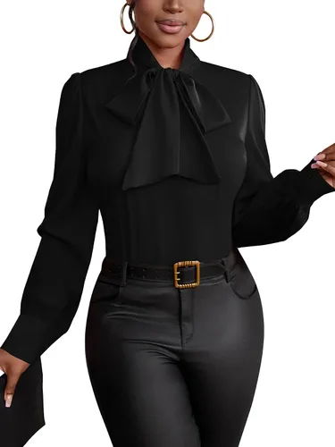 Vista 3 de Vrtige Camisa de mujer elegante con cuello de lazo, manga larga, blusa para la oficina