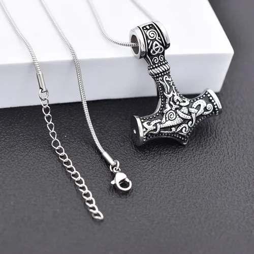 Vista 16 de Collar de urna de talismán de martillo de Thor vikingo nórdico para cenizas, acero inoxidable para hombre, joyería de cremación vintage, amuleto