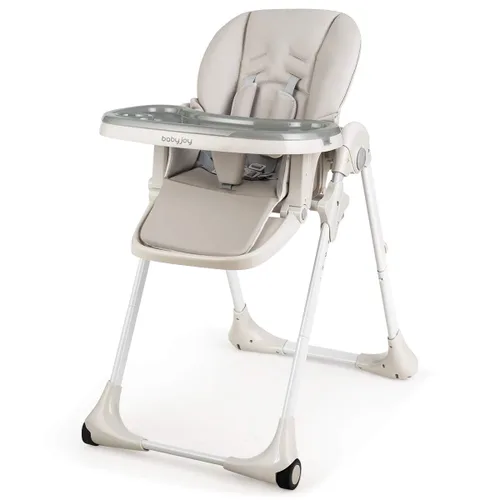 Vista 9 de BABY JOY Silla alta convertible para bebés y niños pequeños, altura ajustable, silla alta Grow & Go con reclinable y reposapiés, bandeja doble Beige