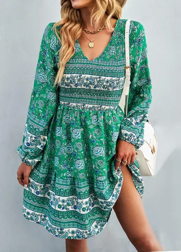 Vista 2 de KIRUNDO Vestido corto de manga larga con volantes y estampado floral para mujer, cuello redondo, cintura alta fruncida, acampanado, vestido corto