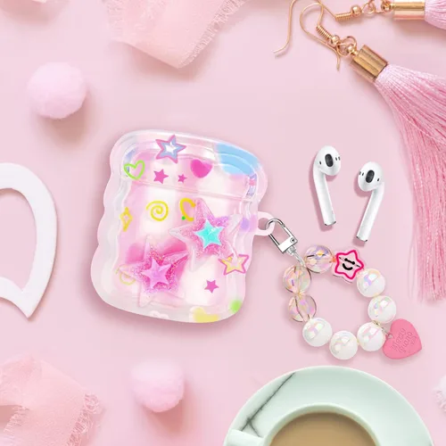 Vista 4 de Bonita funda para AirPods con colgante de amor, llavero de cuentas redondas coloridas, diseño de estrellas 3D con purpurina, funda protectora suave