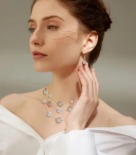 Vista 3 de Layered Silver Beaded Necklace for Women Square Crystal Beads Statement Collar Necklace and Earrings Fashion Costumes Jewelry for Women