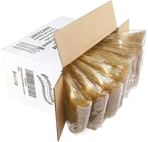 Vista 8 de WDF Cubiertos de plástico dorado 360, cubiertos desechables con purpurina dorada, cubiertos de plástico con 120 tenedores, 120 cucharas, 120