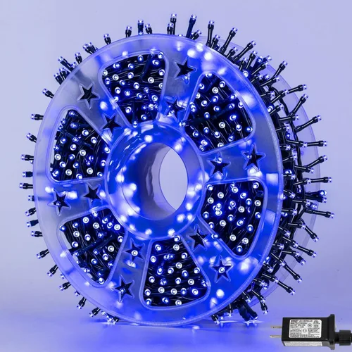 Vista 11 de 1000 luces LED de Navidad azules y blancas de 328 pies, impermeables, 8 modos de luces de Navidad con cable verde en interiores, luces de árbol Azul