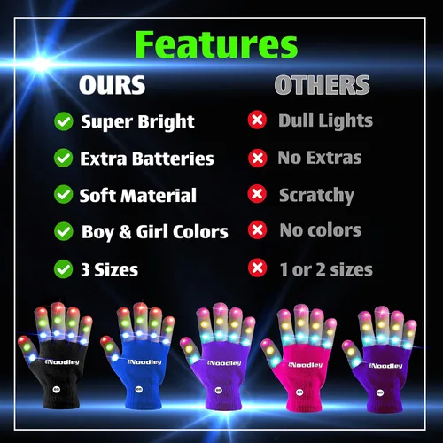 Vista 6 de The Noodley 2 pares de guantes con luz LED para niños, regalos para niños y niñas, juguetes de Navidad brillantes