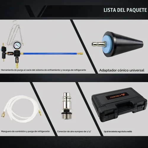 Vista 7 de Kit de recarga de vacío de refrigerante, sistema de refrigeración, kit de herramientas de purga y llenado al vacío del radiador, relleno de Estuche