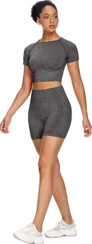 Vista 3 de Sytiz Conjunto de 2 piezas de yoga sin costuras para mujer, pantalones cortos de gimnasio y camiseta corta de manga corta