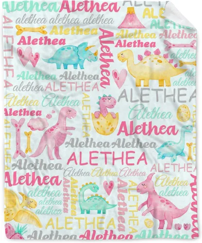 Vista 19 de Manta de regalo personalizada de dinosaurio con nombre para niñas, niños, recién nacidos, dinosaurio, manta personalizada para envolver al bebé