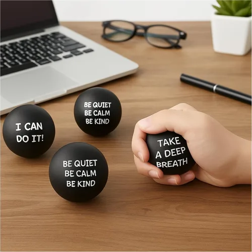 Vista 6 de Ceenna 4 bolas motivacionales para el estrés para adultos, bolas de alivio del estrés de 2.5 pulgadas con citas inspiradoras para fomentar la Negro