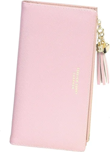Vista 11 de Cartera delgada para mujer, bolso de mano, tarjetero con borla, bolsillo con cremallera Negro