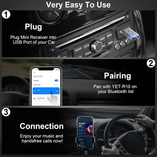 Vista 6 de Kit de coche USB a Bluetooth - Adaptador de audio inalámbrico para estéreo del hogar y del automóvil, soporta conversaciones manos libres