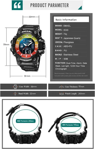 Vista 3 de KXAITO Men's Stainless Steel case Sports Watch Military Watch Outdoor LED Stopwatch Digital Electronic Large Dual Display Waterproof Tactical Army