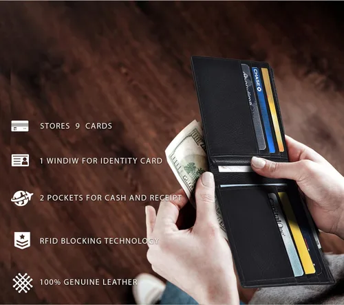Vista 4 de Carteras RFID delgadas para hombres - Cartera de bolsillo frontal de piel genuina
