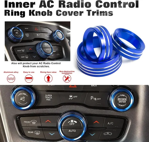 Vista 6 de Xotic Tech - 3 piezas de aluminio azul CA para interruptor de volumen de radio climática de control de botón de control compatible con Dodge Charger